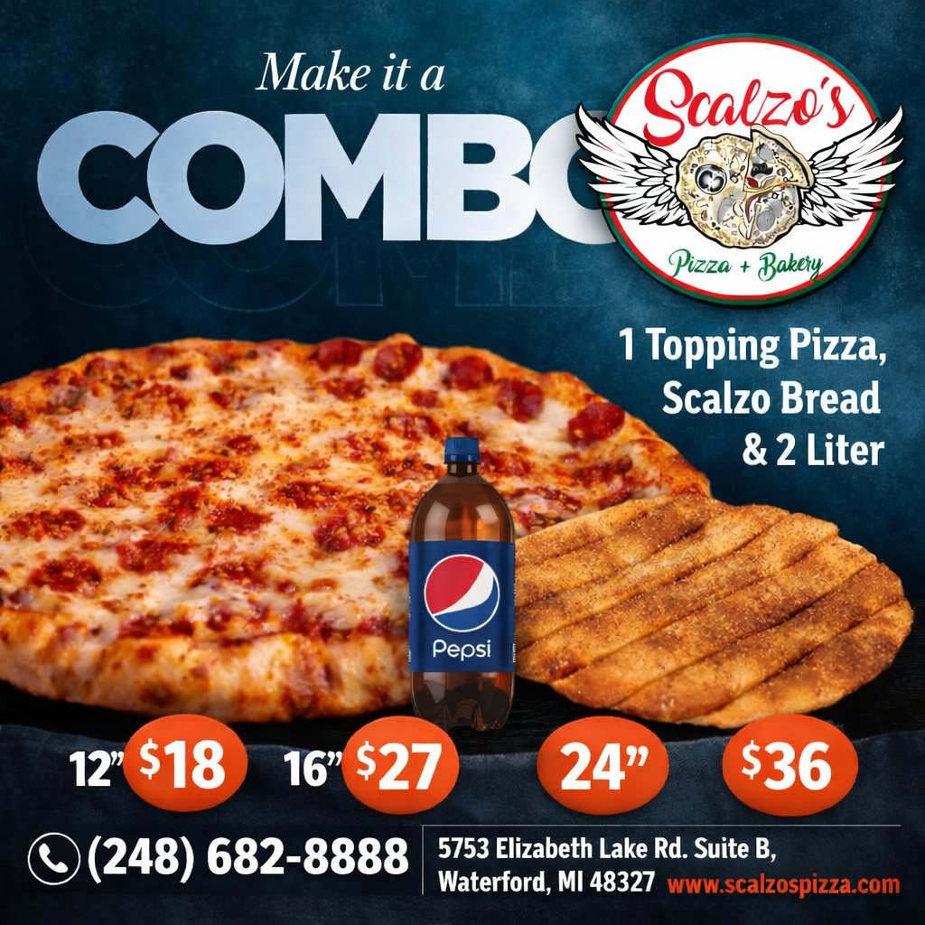 Make It a Combo — 1-Topping Pizza, Scalzo's Famous Cheese Bread & 2-Liter. 12" $18 · 16" $27 · 24" $36. Call (248) 682-8888.
