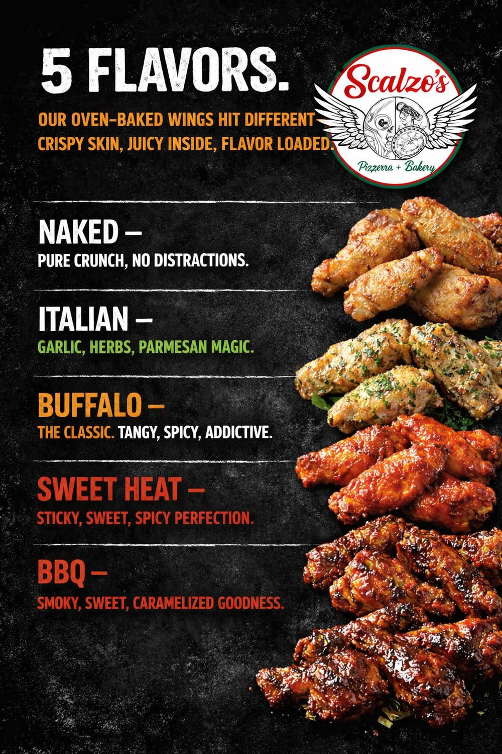Scalzo's oven-baked wings — 5 flavors: Naked, Italian, Buffalo, Sweet Heat, BBQ